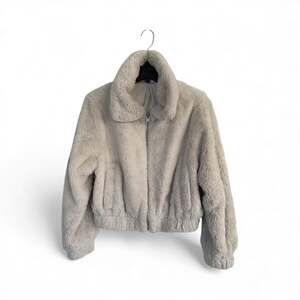 Ivory Oatmeal Faux Fur Cropped Bomber Jacket